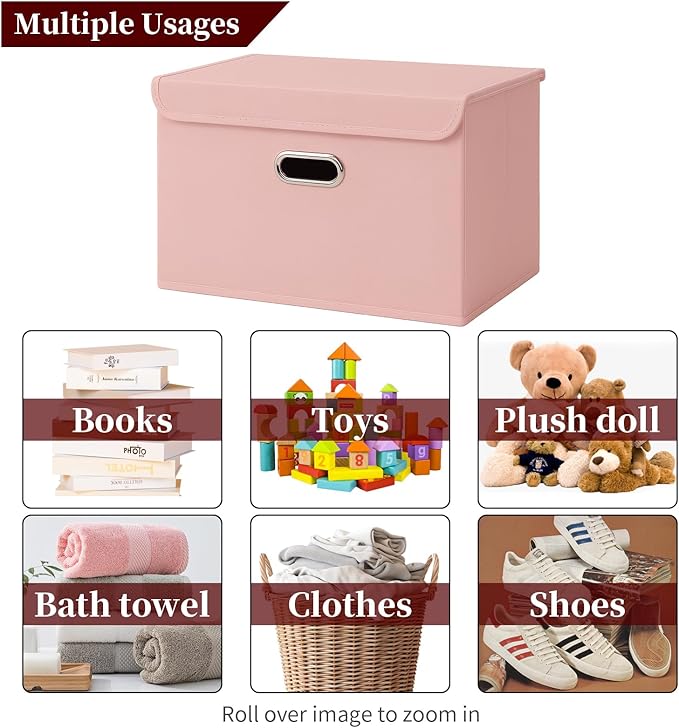 STOREONE Fabric Storage Cube Bins Foldable Organizer Container Collapsible Basket with Lids and Metal Handles, for Home, Bedroom, Closet 6 Pcs (multicolour-pink)