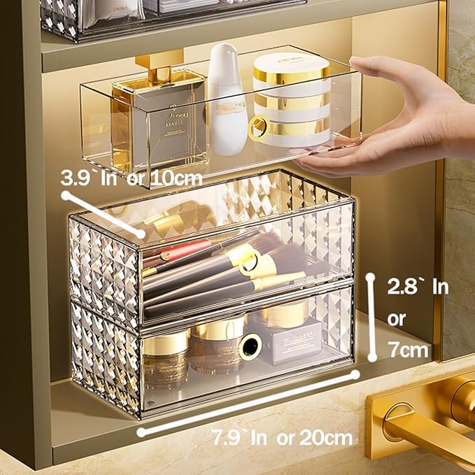 2-Tier Stackable Medicine Cabinet Organizer Drawer with Removable Dividers, Clear Plastic Bathroom Storage Drawers for Vanity, Countertop, Wall Cabinet Home Organization