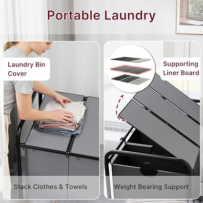 180L Laundry Sorter 3 Section – Heavy Duty Rolling Laundry Basket with Lockable Wheels and Lid, 3 Large Separate Removable Bags, Laundry Hamper Cart for Laundry Room Organizer (Grey)