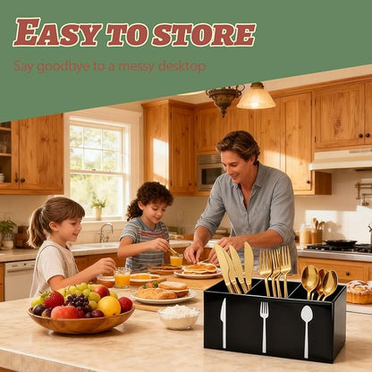 Acrylic Cutlery Storage Organizer Bin,3 Section Silverware Caddy with Spoon Fork Organizer, Clear Plastic Utensil Holder for Kitchen Countertop, Cabinet, Dining Room (Black)