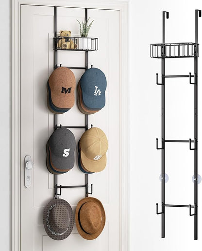 HapiRm Over Door Hat Rack - Wall Mounted Hat Organizer with 6 Hooks and Metal Basket Design, Baseball Cap Organizer Storage Holder Up to 32 Caps for Door, Bedroom, Closet (Black)