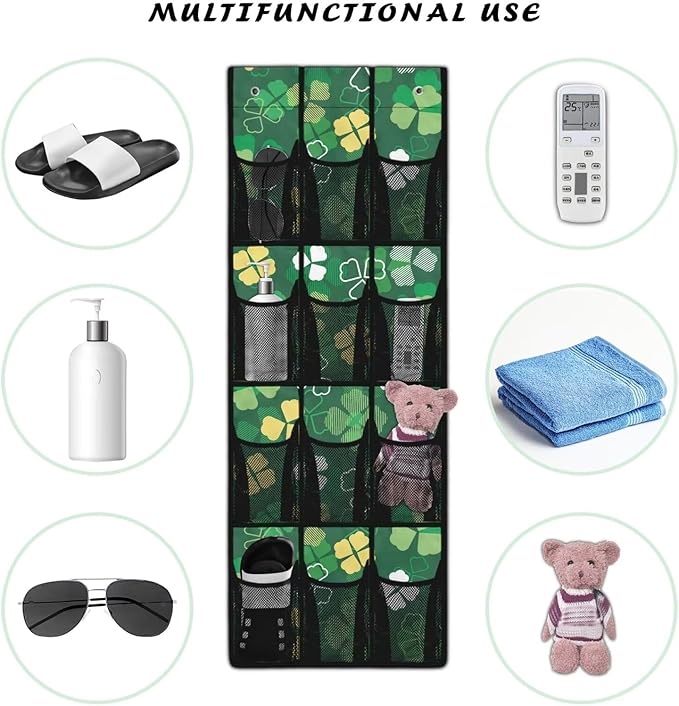 12-Section Over The Door Storage Bag, Oxford Material, Waterproof Scratch-Resistant and for Organizing Bathroom Kitchen Bedroom Essentials, Lucky Four Leaves
