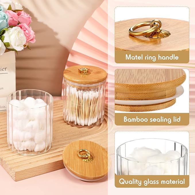Irenare 2 Pack Glass Jars with Bamboo Lids Bathroom Canisters Apothecary Jars Set Cotton Ball Holder Bathroom Containers Cotton Dispenser Bathroom Storage Organization for Bathroom Farmhouse Favors