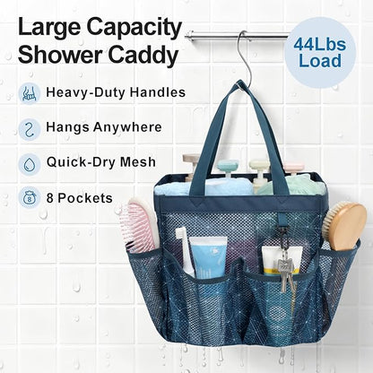 F-color Mesh Shower Caddy Portable, Upgrade Deeper 7 Pockets Shower Bag Basket Tote for College Dorm Room Toiletry Bathroom Essentials Gym Camp Quick Dry 2 handles with S Hook, Starlight Navy