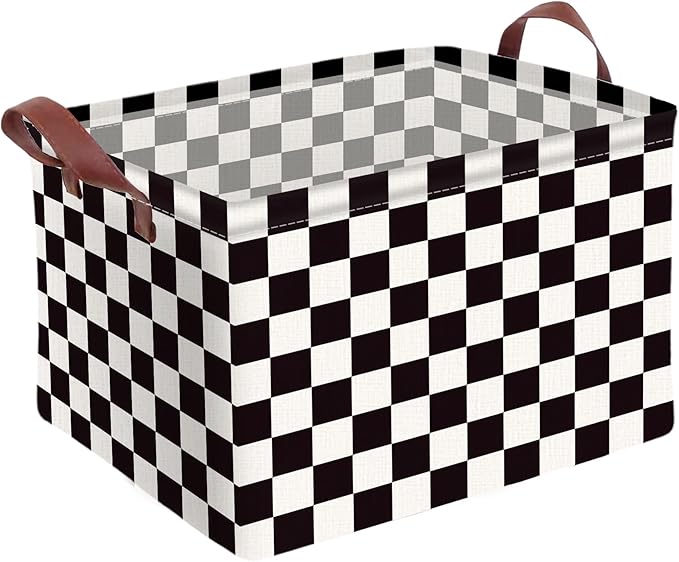 Checkered Storage Basket Waterproof Canvas Toy Storage Bin Race Car Room Decor Collapsible Outdoor Basket with Leather Handles Checkered Decor Car Blanket Baskets For Closets,Bedrooms,Gifts Baskets
