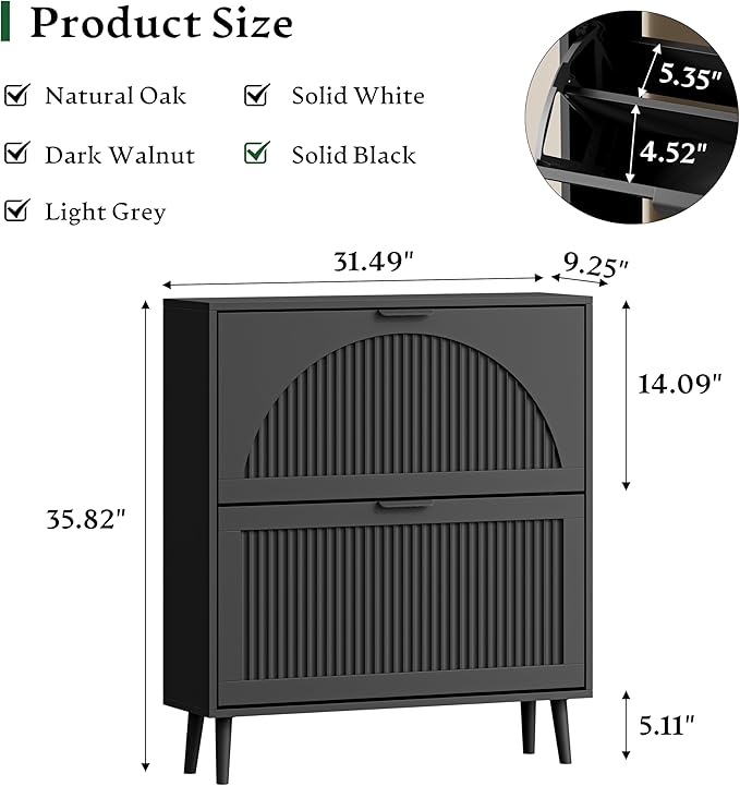 Xixini Shoe Storage Cabinet with 2 Flip Drawers, 36" Tall Narrow Wood Fluted Shoe Organizer for Entryway, Freestanding Wooden Hidden Slim Shoe Rack for Front Door Entrance, Hallway, Foyer, Solid Black