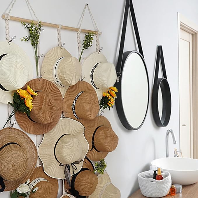 Macrame Hat Rack for Wall 31x66 in Hat Organizer with 15 Clips Hanging Hat Hanger Holder for Women Wide Brimmed Hat Storage for Fedora Boho Decorative Display