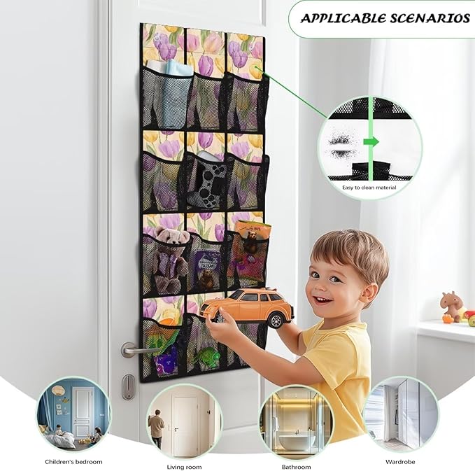 Multi-Pocket Over the Door Organizer, 12 Mesh Pockets Storage Hanging Bag Behind the Door for Shoes Toys and Cleaning Supplies, Fabric Door Organizer for Bedroom Bath, Easter Tulip