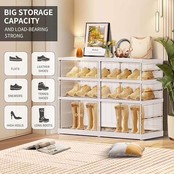 CIMLORD 3-Tier Foldable Shoe Rack for Closet Entryway 6-12Pairs,Stackable Clear Shoe Storage Boxes Organizer with Door Plastic Small Shoe Cabinet Bins with Lids Shoes Shelf Easy Assembly White