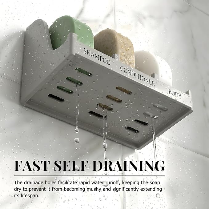 Soap Holder for Shower Wall, 3-Compartment Soap Dish for Shampoo, Conditioner and Body Soap, Fast Draining & Rust-Proof & Heavy Duty, Ultra-Strong Self Adhesive & Freestanding (Grey, Label)