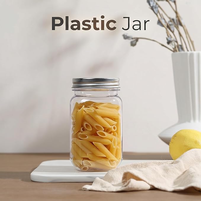 novelinks 16 oz Clear Plastic Jars with Lids, Refillable 16oz Mason Jars with Lids & Storage Containers for Kitchen & Household Use (20 Pack,Silver)