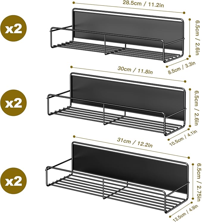 Mystozer 6 Pack Magnetic Spice Rack Organizer, Space Saver for Refrigerator and Whiteboard, Metal Fridge Shelf for Kitchen and Classroom Refrigerator Organizers and Storage Spice Rack Shelf (Black)