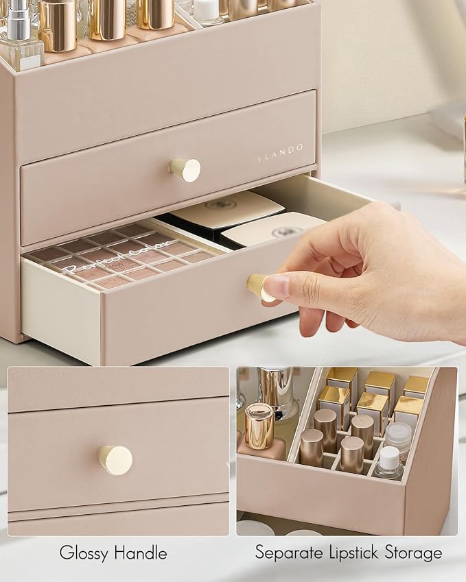 VLANDO Makeup Organizer for Vanity,Large Capacity Countertop Organizer with Drawers, PU Leather Cosmetic Display Case for Lipstick,Brushes,Skincare,Bedroom Storage (Toffee)