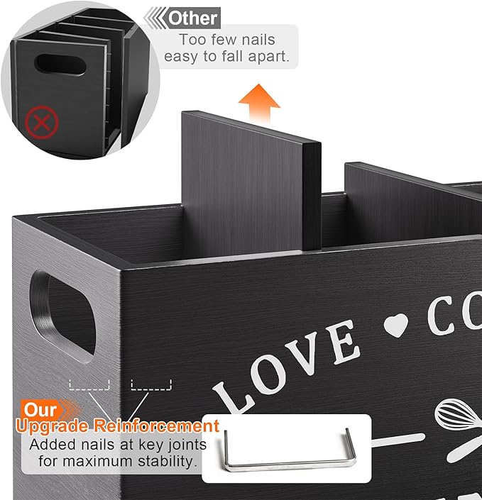 Extra Large Utensil Holder for Kitchen Counter with 4 Compartments, Kitchen Cooking Utensils Holder for Countertop,Black Wooden Utensil Caddy for Farmhouse Spatula,Cutlery,Wood Wall Mounted Organizer