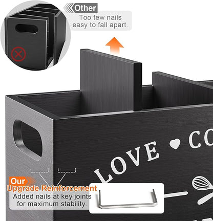 Extra Large Utensil Holder for Kitchen Counter with 4 Compartments, Kitchen Cooking Utensils Holder for Countertop,Black Wooden Utensil Caddy for Farmhouse Spatula,Cutlery,Wood Wall Mounted Organizer