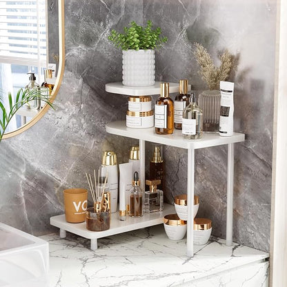 REFGY 3-Tier Corner Bathroom Counter Organizer, Adjustable Multi-Layer Vanity Storage Shelf with Natural Wood-Texture, Versatile Makeup & Perfume Holder for Kitchen, Bedroom & Home Office, White