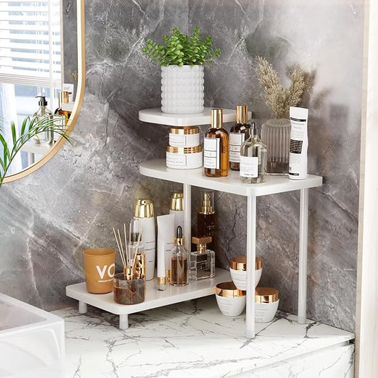 REFGY 3-Tier Corner Bathroom Counter Organizer, Adjustable Multi-Layer Vanity Storage Shelf with Natural Wood-Texture, Versatile Makeup & Perfume Holder for Kitchen, Bedroom & Home Office, White