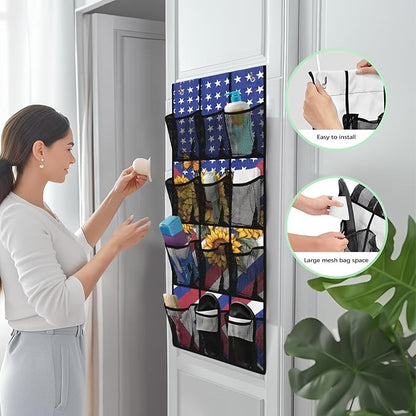 Over The Door Shoe Organizer 12 Large Mesh Pockets Boots Hanging Storage Shoe Rack for Closet Easy to Install Machine Washable,Sunflower American Flag