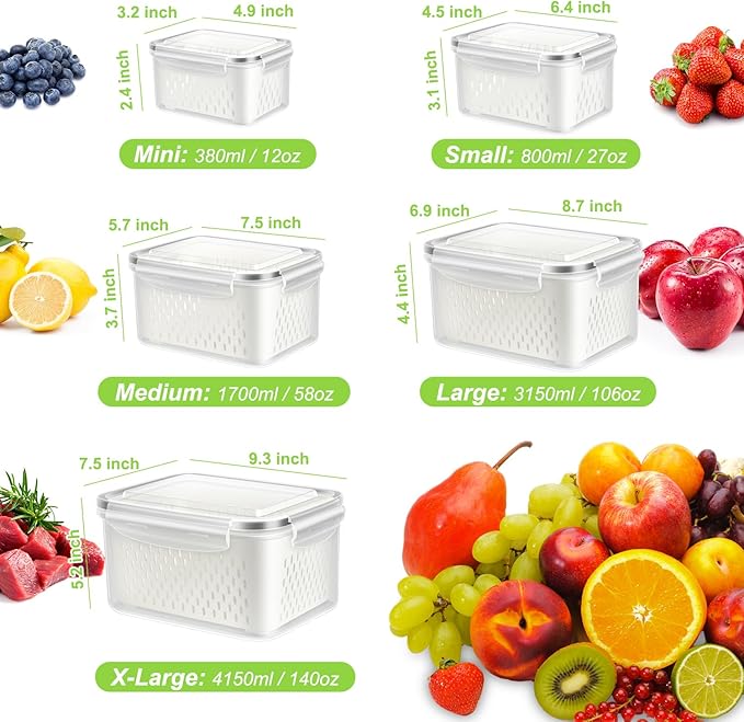 10 Pieces Fruit Storage Container for Fridge, 5 Pack Plastic Fruit Containers for Fridge with Removable Colander, Container for Fruit Berry Salad, BPA Free Kitchen Refrigerator Organizers