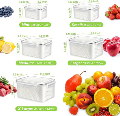 10 Pieces Fruit Storage Container for Fridge, 5 Pack Plastic Fruit Containers for Fridge with Removable Colander, Container for Fruit Berry Salad, BPA Free Kitchen Refrigerator Organizers