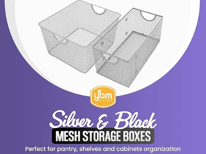 YBM HOME Household Wire Mesh Open Bin Shelf Storage Basket Organizer Black For Kitchen Pantry, Cabinet, Fruits, Vegetables, Pantry Items Toys 10” x 9” x 6”, 2-Pack, Black