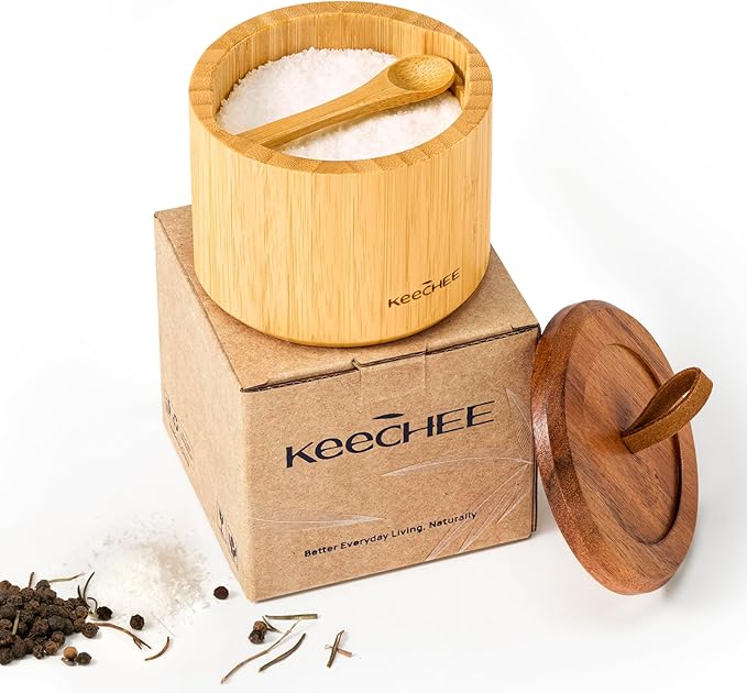 keechee Bamboo Salt Cellar with Acacia Lid & Spoon, 7.7oz Capacity with Built-In Spoon Slot & Labels, Two-Tone Countertop Seasoning Container (Single Compartment - 1 Pack)