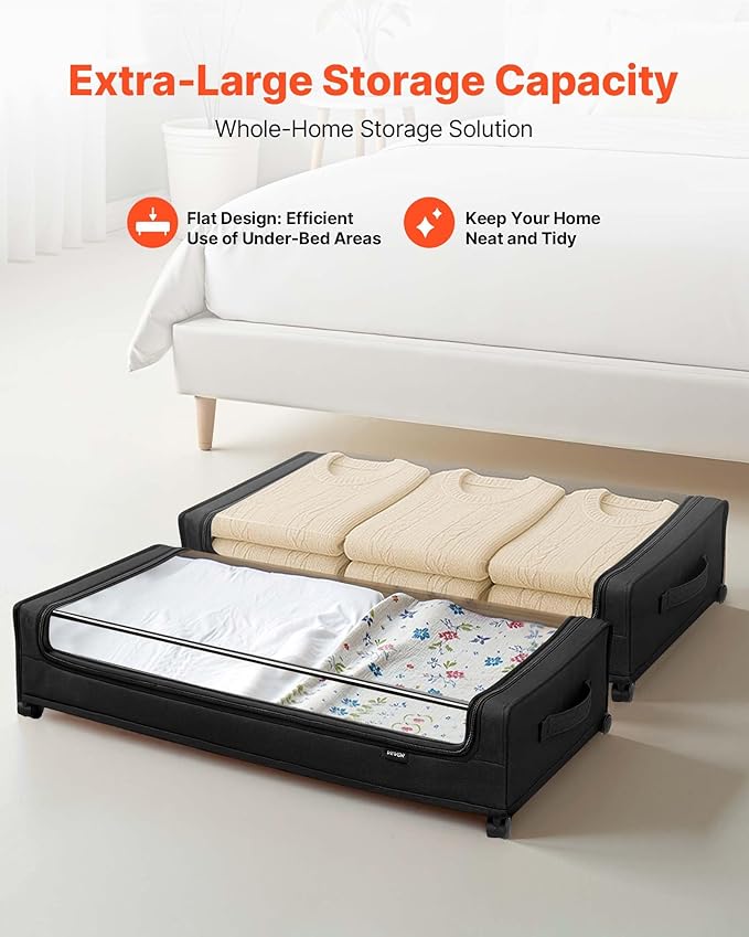 VEVOR Under Bed Storage with Wheels, 30.3 x 18.5 x 6.8 inch, Underbed Containers with Clear Lid, Underbed Shoe Organizer, Rolling Under the Bed Storage Bins for Clothes Shoes Blankets Bedroom, 2 Pack