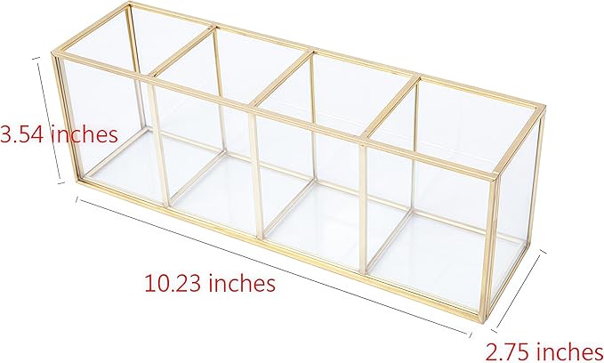 JIARI Gold 4-Compartment Desktop Organizer, Transparent Glass Makeup Brush Holder, 10.23x3.54x2.75 Inches Storage for Home Office and School Items (Gold-4 Slot)