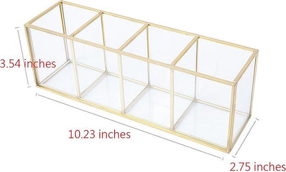 JIARI Gold 4-Compartment Desktop Organizer, Transparent Glass Makeup Brush Holder, 10.23x3.54x2.75 Inches Storage for Home Office and School Items (Gold-4 Slot)