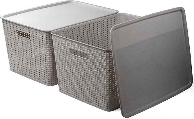BINO | Plastic Storage Baskets with Lids, 45 Liter - 3 Pack, Natural Grey | THE WOVEN COLLECTION | Storage Basket for Shelves | Woven Storage Baskets for Organizing Bins | Pantry Shelf Organizer Bin