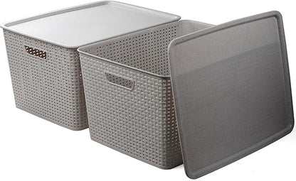 BINO | Plastic Storage Baskets with Lids, 45 Liter - 3 Pack, Natural Grey | THE WOVEN COLLECTION | Storage Basket for Shelves | Woven Storage Baskets for Organizing Bins | Pantry Shelf Organizer Bin