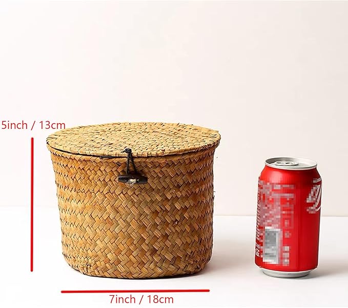 Seagrass Handmade Basket with Lid, Small Round Basket for Storage, Decorative Home Organizer Decor(7"L X 5"H, Natural)