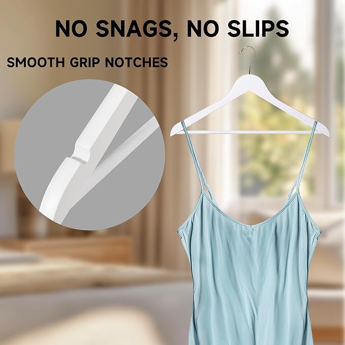 Quality Wooden Clothes Hangers, Solid Wood Suit & Coat Hangers with Pants Bars, Swivel Hook, Shoulder Notches, Heavy Duty Hangers for Shirts, Jackets, Dresses & Trousers(White/12-Pack)