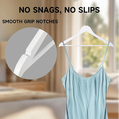 Quality Wooden Clothes Hangers, Solid Wood Suit & Coat Hangers with Pants Bars, Swivel Hook, Shoulder Notches, Heavy Duty Hangers for Shirts, Jackets, Dresses & Trousers(White/96-Pack)