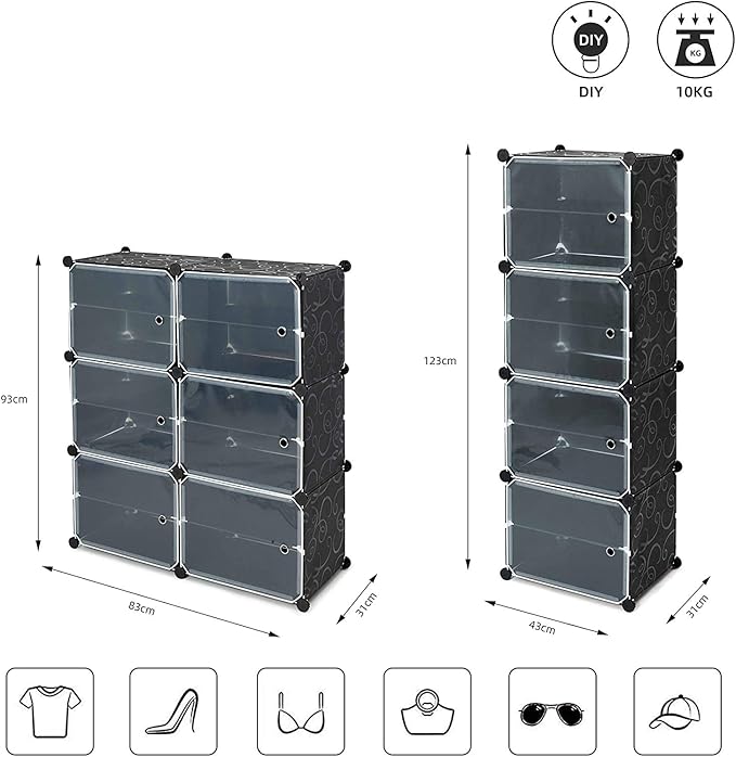 Mondeer Shoes Rack, Shoe Storage Cabinet, Shoe Storage Ideas, Plastic Foldable Shoe Storage Unit with 6 Tier, Modular Shoe Organizer for Space Saving (Black)