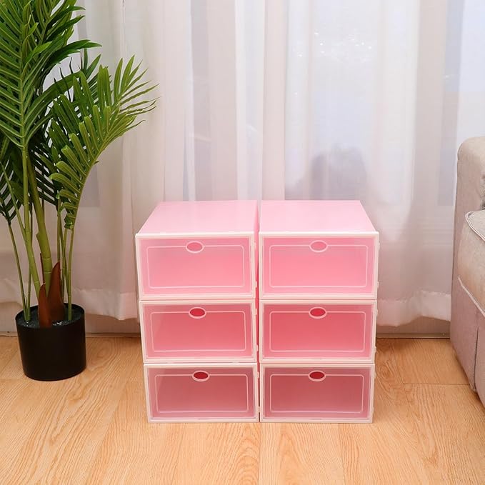 Holibanna 6pcs Thickened Stackable Shoe Boxes with White Frame Pink Plastic Shoe Storage Containers for Men’s Closet Organization
