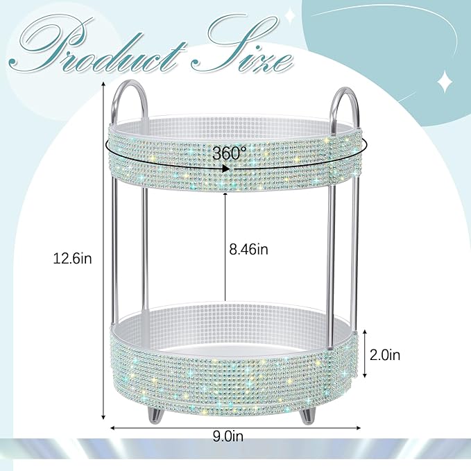 Honeydak 360 Rotating Perfume Organizer for Mother Day Nurse Day Rhinestone Bathroom Counter Organizer Makeup Holder Skincare and Perfume Storage for Cosmetic Countertop(2 Tiers,Resin Stone,Silver)