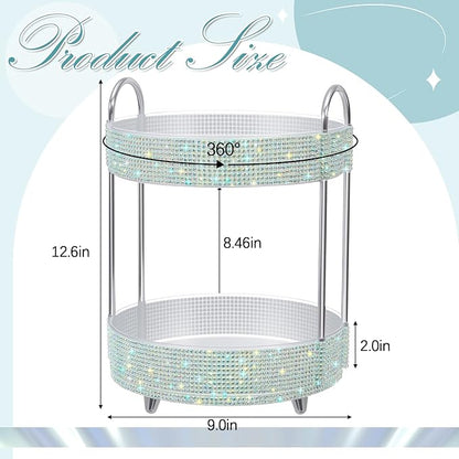 Honeydak 360 Rotating Perfume Organizer for Mother Day Nurse Day Rhinestone Bathroom Counter Organizer Makeup Holder Skincare and Perfume Storage for Cosmetic Countertop(2 Tiers,Resin Stone,Silver)
