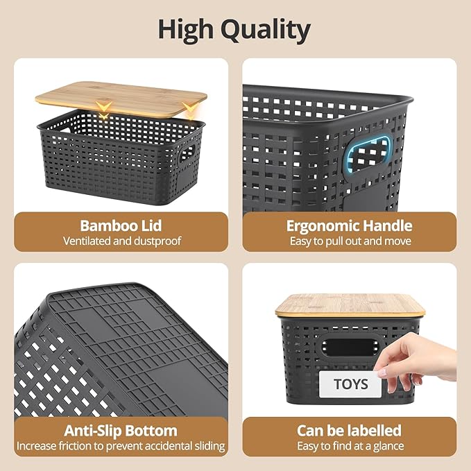 Plastic Storage Baskets with Bamboo Lids, Stackable Small Box Bins for Organizing and Containers for Shelves Drawers Desktop Closet Pantry Classroom Office Home, 6 Pack 10.2x7.2x4.1 Inch, Black