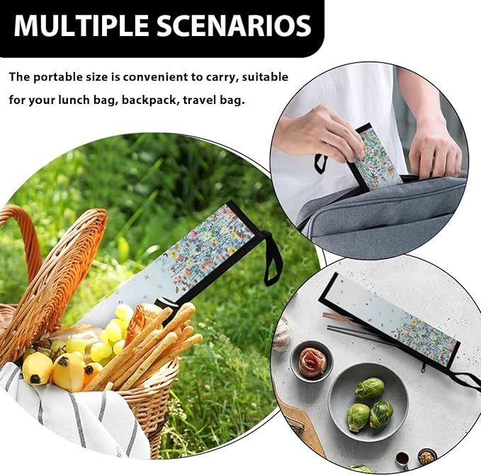 COEQINE Floral Utensil Holder Blue Butterfly Silverware Organizer Case With Handles Reusable Portable Travel Tableware With Zipper for Home Travel Portable Accessories Storage Frok Knife Spoon