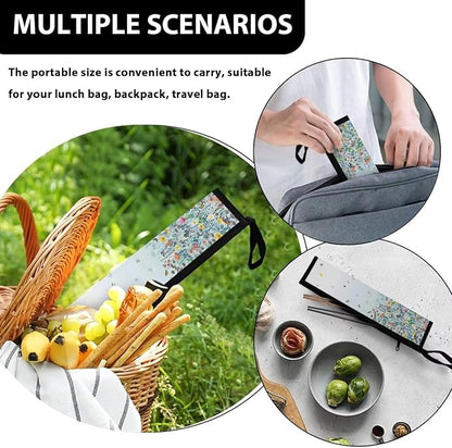 COEQINE Floral Utensil Holder Blue Butterfly Silverware Organizer Case With Handles Reusable Portable Travel Tableware With Zipper for Home Travel Portable Accessories Storage Frok Knife Spoon