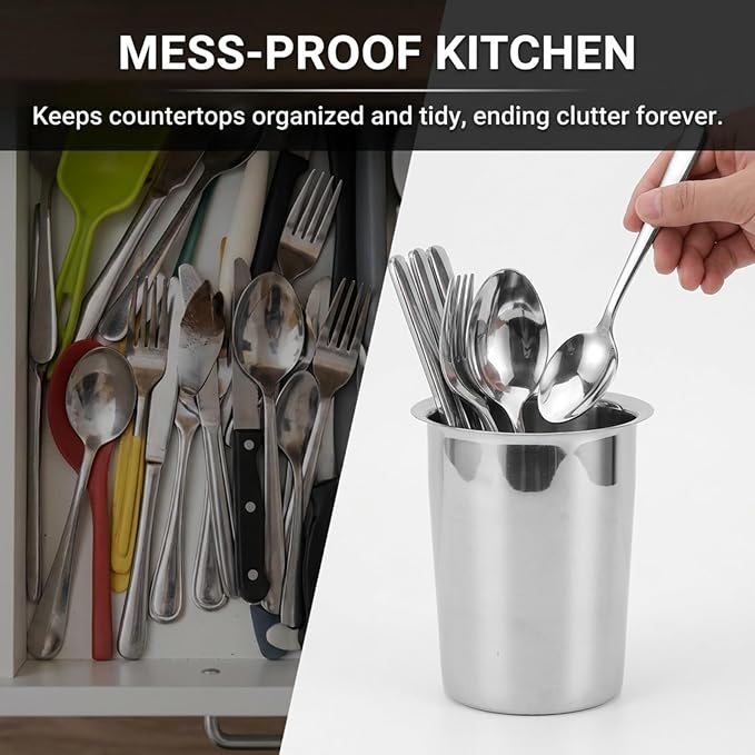 Yosoo Health Gear Kitchen Utensil Holder Spoon Fork Holder Storage Bucket, Multipurpose Large Capacity Utensil Crock for Countertop, Stainless Steel Utensil Holder 4.5*4.5*5.4in (Without Holes)