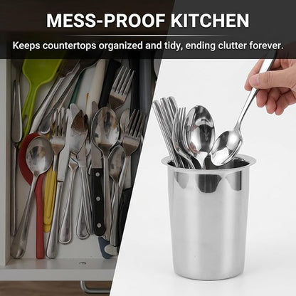 Yosoo Health Gear Kitchen Utensil Holder Spoon Fork Holder Storage Bucket, Multipurpose Large Capacity Utensil Crock for Countertop, Stainless Steel Utensil Holder 4.5*4.5*5.4in (Without Holes)