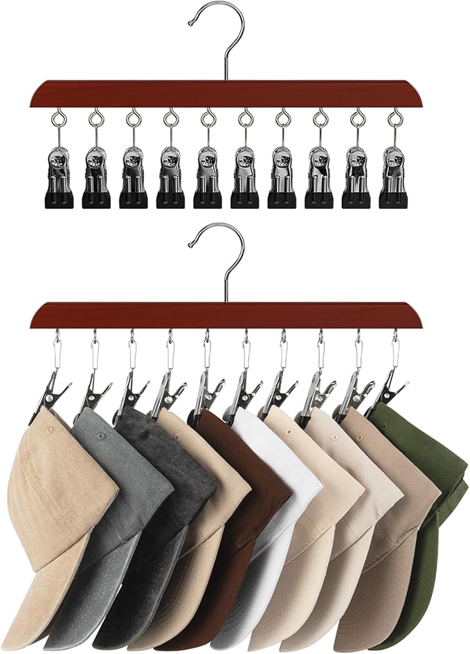 StorageWorks Hat Rack, Closet Organizer and Storage for Baseball Caps,Set of 2 with 10 Adjustable Stainless Steel Clips, Fits All Caps, Dark Cherry Color