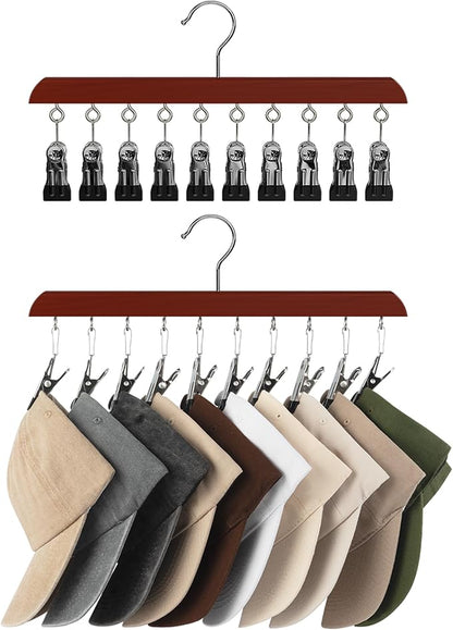StorageWorks Hat Rack, Closet Organizer and Storage for Baseball Caps,Set of 2 with 10 Adjustable Stainless Steel Clips, Fits All Caps, Dark Cherry Color