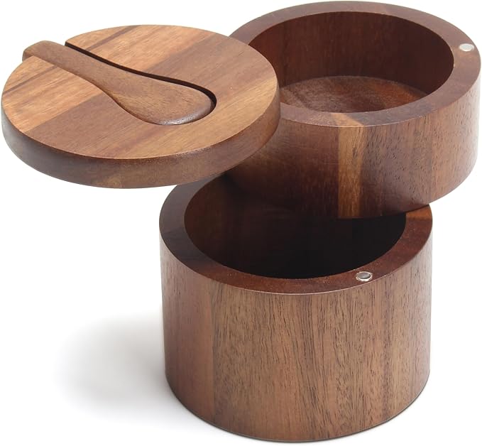 Salt Bowl with Spoon, 7oz Salt and Pepper Containers Triple Compartment, Small Acacia Salt Containers for Countertop, Salt Cellar for Kitchen