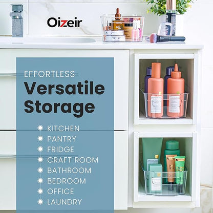 Oizeir 8 Pack Clear Plastic Storage Bins with Handles – Stackable Fridge Organizer Bins for Refrigerator, Freezer, Pantry, Kitchen Cabinet & Cupboard Organization, BPA-Free Acrylic, Transparent