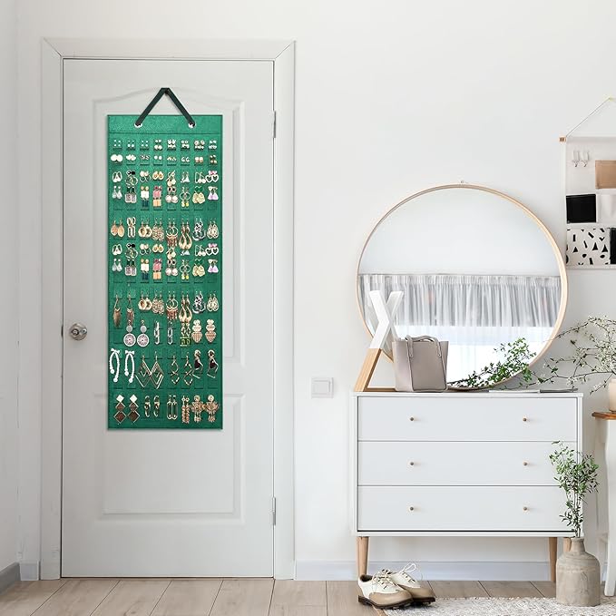 Lolalet Hanging Earring Holder Organizer with 20 Hooks for Women, Earring Organizer Wall Earrings Hanger Pierced Earring Storage, Felt Stud Earring Display, 608 Holes for Earrings -Emerald, 1 Pack