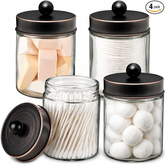 Amolliar 4Pc Apothecary Jars Bathroom Vanity Storage Organizer-Countertop Canister & Stainless Steel Lids &Cute Stickers -Qtip Dispenser Holder for Qtips,Cotton Swabs,Makeup Sponge(Oil Rubbed Bronze)