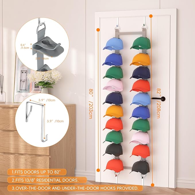 Over the Door Hat Organizer, Adjustable Hat Rack for Door with 20 Clips on 2 Straps Holds 40 Caps, No-Drill Hat Organizer for Baseball Caps, Fits Bedroom Closet Door (Gray)